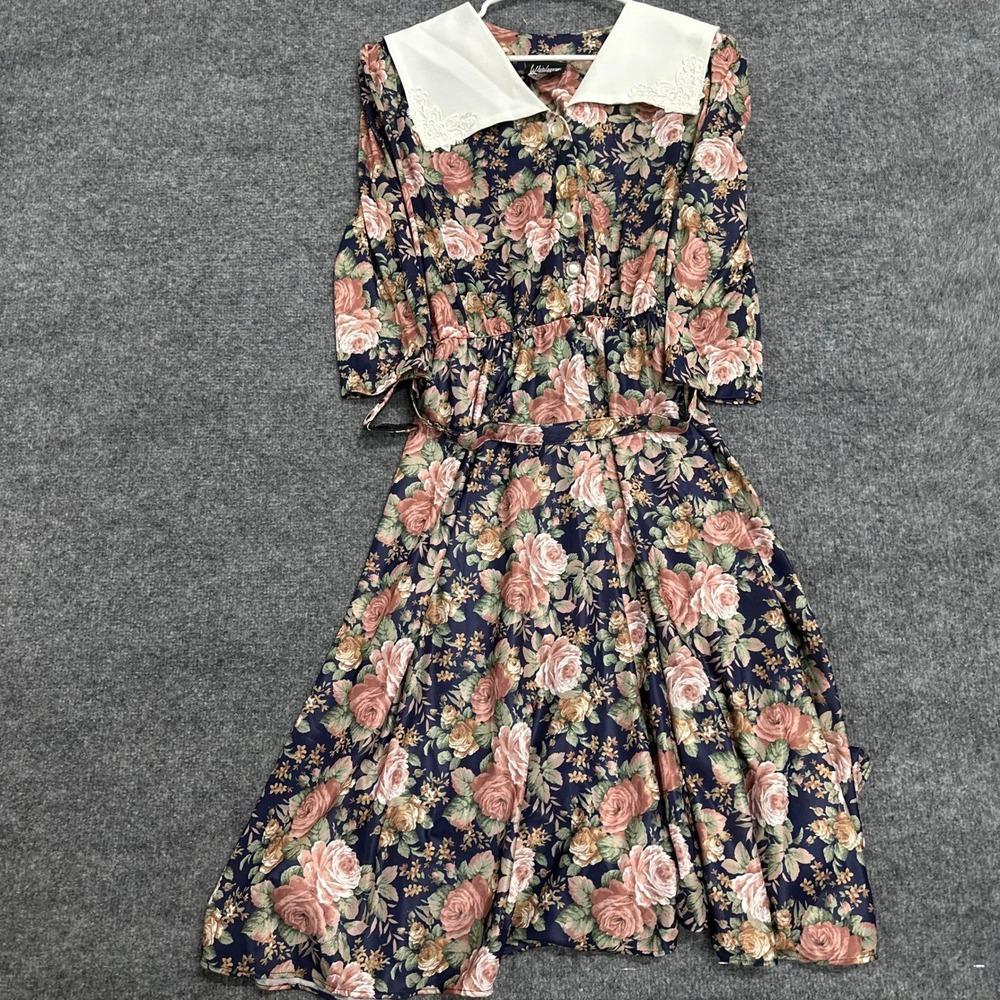 Whirlaway Frocks Dress Womens Size 14P Navy Blue Floral Lace Collar Vintage USA - Picture 2 of 7
